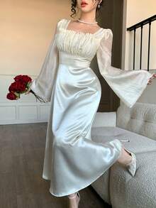 DAZY Đầm maxi nữ thanh lịch, xếp ly, cổ vuông, thích hợp làm đầm dự tiệc cưới, đầm hè. - trắng - Xem 5