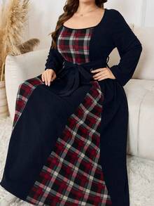 Lacomfia Plus Size Women Casual Knit Patchwork Plaid Waist Belt Dress - Navy Blue - View 1