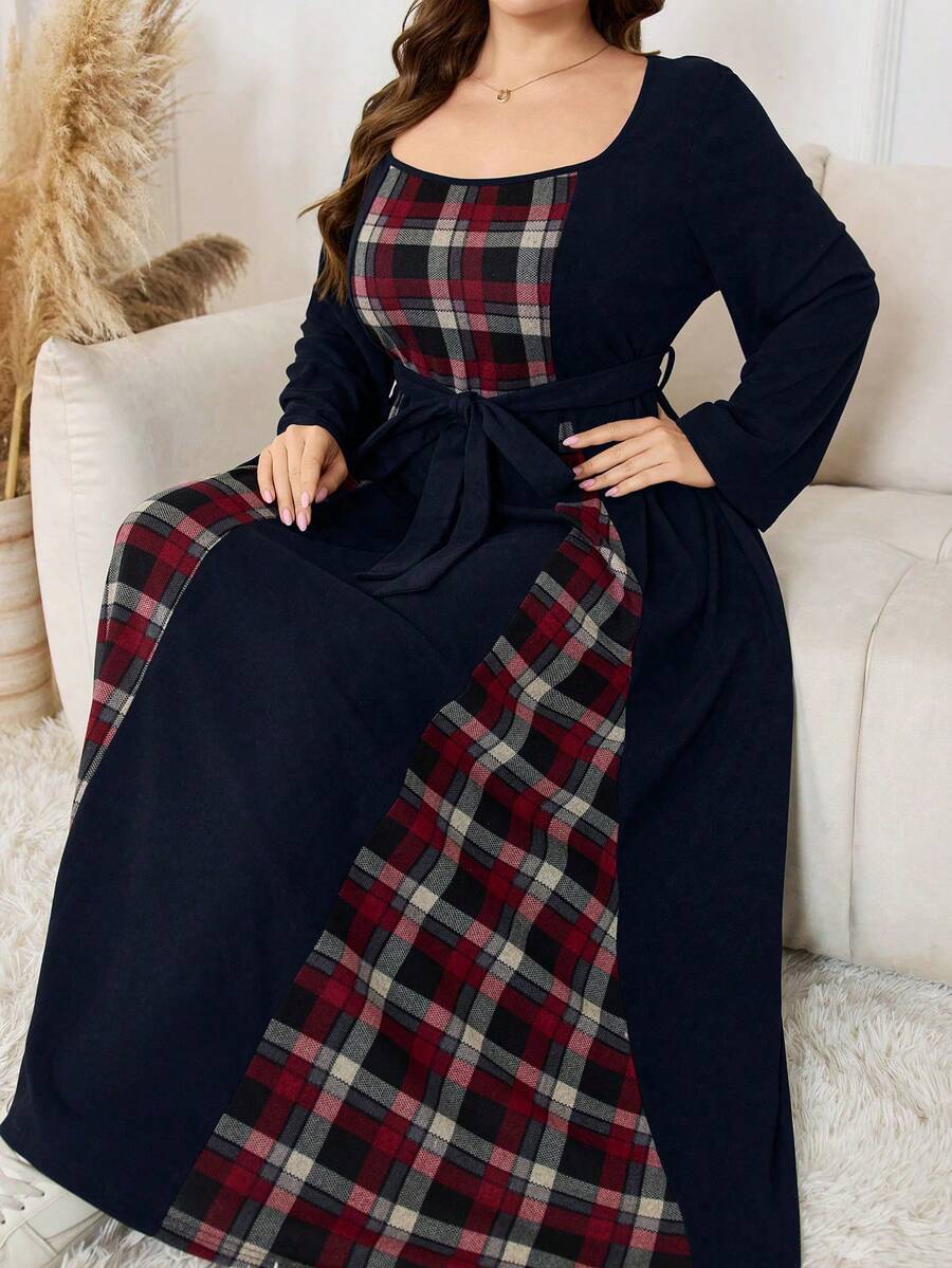 Lacomfia Plus Size Women Casual Knit Patchwork Plaid Waist Belt Dress - Navy Blue - View 1