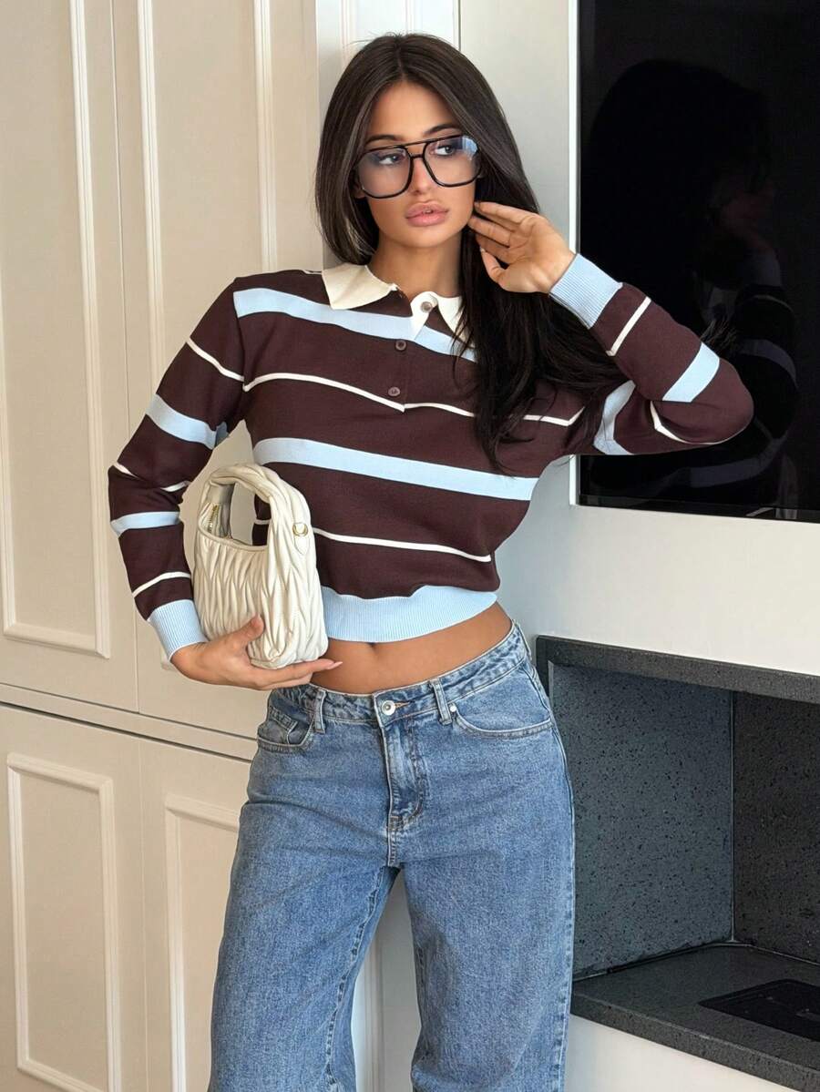 Ronhire Women's Autumn/Winter Collegiate Style Polo Collar Contrast Striped Brown And Blue Loose Knit Sweater,Brown Sweater,Fall - Multicolor - View 1