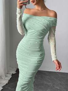 Firerie Women's Elegant Sage Green Off-Shoulder Pearl Decor Ruffle Fitted Slim Summer Party Formal Wedding Date Maxi Dress - Green - View 9