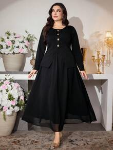 Modelyn Elegant Women's Black Long Sleeve Round Neck Plain Polyester Long Skirt Co-Ord Set With Contrast Mesh Detail Long Sleeve Elegant Dress - Black - View 4