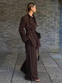 DAZY Bộ 2 món áo khoác blazer và quần ống đứng kèm thắt lưng rộng rãi cho nữ, thường ngày - Cà phê nâu - Xem 6