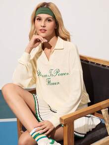 CourtClass 休闲百搭杏色柔软舒适英伦印花V领Polo衫 - 杏色 - 查看 4