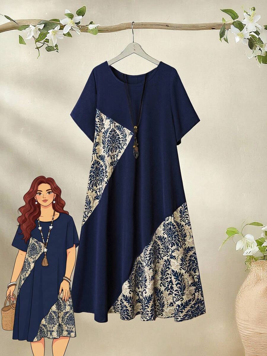 Rusticease 大码女式乡村度假复古休闲几何图案印花不对称拼接圆领短袖中长连衣裙适合春夏季穿着波西米亚风格服装度假连衣裙乡村演唱会服装乡村服装女士连衣裙休闲不对称连衣裙拼接连衣裙 - 彩色 - 查看 1