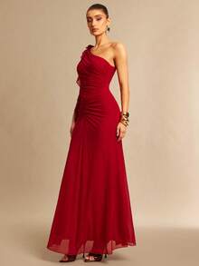 Silquee 1 pièce Robe longue ajustée pour femme avec col asymétrique et volants, couleur unie - Rouge - Voir 6