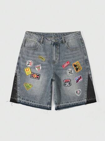 Prep Pantalones cortos vaqueros para hombre con bloques de color y parches decorativos