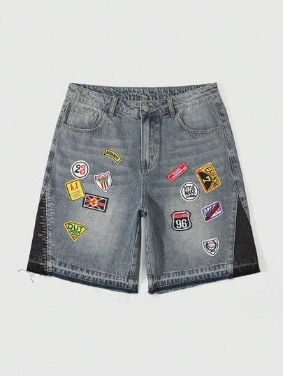Prep Men's Street Life Color Block Patchwork Decorated Denim Shorts