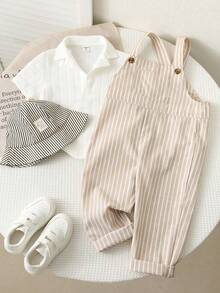 SHEIN 1pc Young Boy Casual Comfortable Stylish Simple Practical Versatile Soft Khaki Striped Fabric Bib Overall Pants, Suitable For Spring/Summer