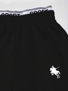 SHEIN 2件套女童连帽拉链外套短款上衣和宽松弹力腰阔腿休闲裤套装，秋季 - 黑色 - 查看 5