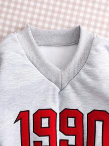 SHEIN Tween Girl Solid Color Floral & Numeral Embroidered Ribbed Casual Minimalist Sweatshirt, Suitable For Outings, Commuting, Sports, And School Wear - Grey - View 6