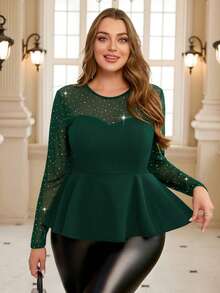 SHEIN Clasi Camiseta negra de talla grande con parches de malla, dobladillo con volantes, ajustada, adecuada para la temporada de carnaval - Verde Oscuro - Ver 3