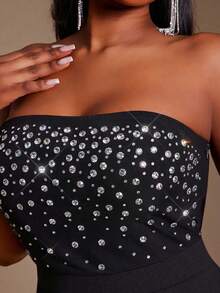 Radiana Bộ đồ liền thân lưới đính đá Rhinestone cỡ lớn mới dành cho nữ, trang phục dự tiệc gợi cảm - màu đen - Xem 7