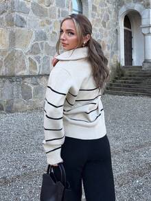 Jeta Ari Cárdigan holgado de cuello alto de manga larga con botones de cuerno y rayas de colores contrastantes para mujer, ropa de mujer de otoño - Albaricoque - Ver 2