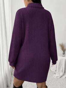 SHEIN Frenchy Casual Minimalist Turtleneck Ribbed Brushed Dress, Plus Size, Suitable For Leisure And Home, Autumn/Winter - Red Violet - View 2