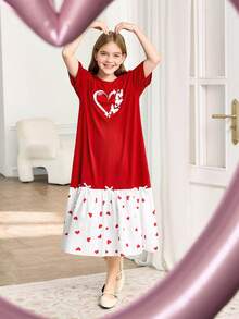 Girls' Heart Print Patchwork Print Dress - Red - View 3