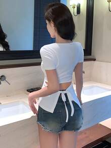 DAZY 女士休闲短款系带圆领T恤，春夏款 - 白色 - 查看 5