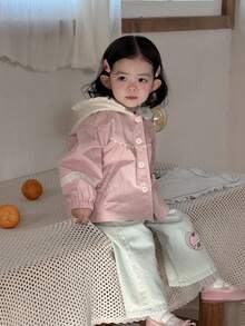 DAZY Áo khoác dài tay cài một hàng khuy cho bé gái, phối ren hoa, có mũ trùm đầu, thích hợp cho mùa xuân, quần áo cho bé gái tập đi. - Hồng - Xem 8