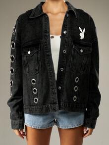 Missguided x Playboy 超大牛仔夹克，饰有金属孔眼和兔子标志，适合休闲街头风叠穿 - 黑色 - 查看 6