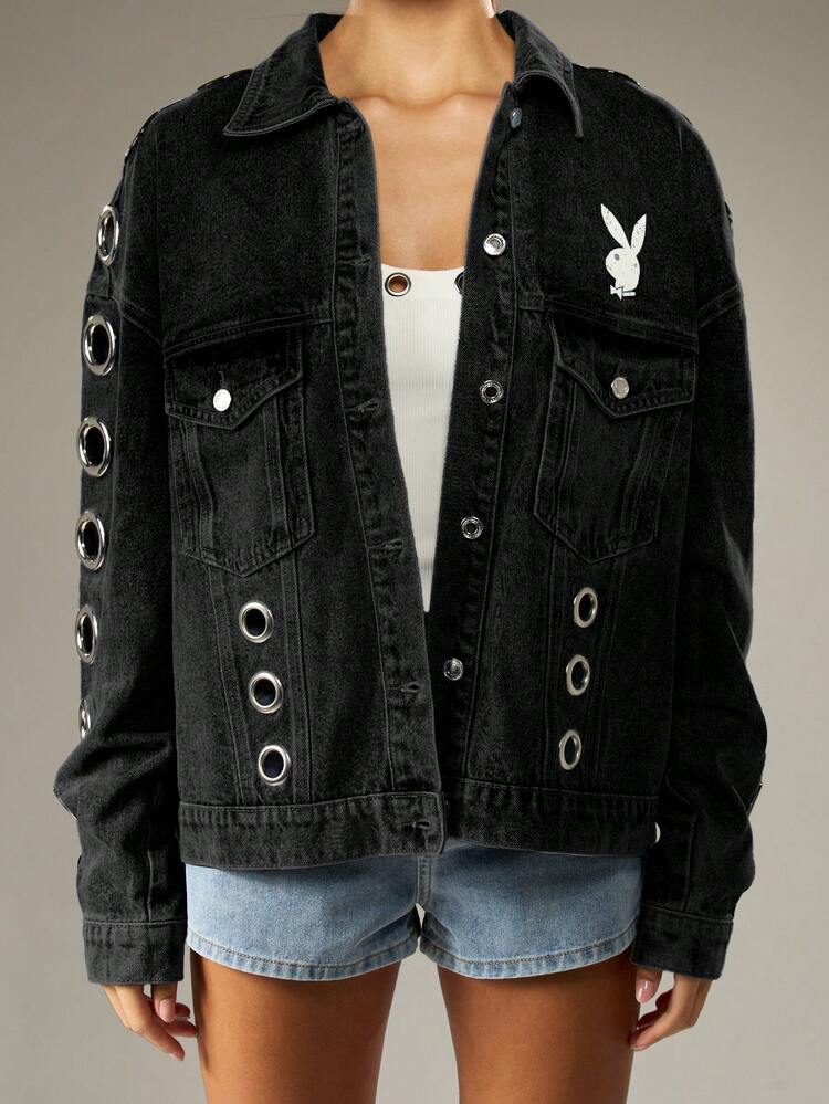 Missguided x Playboy Veste en jean oversize avec œillets et logo lapin pour un look casual et superposable
