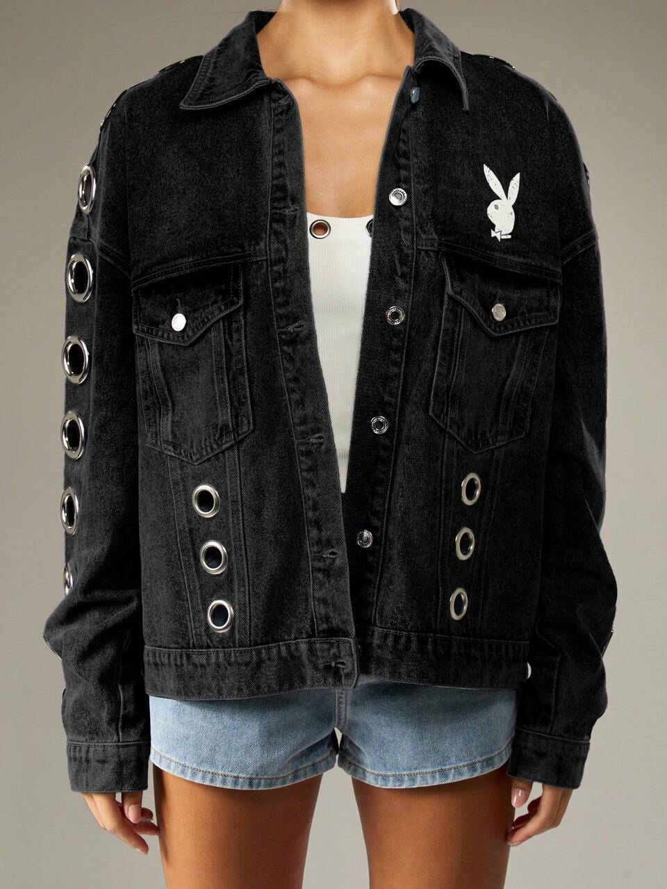 Missguided x Playboy Oversized Denim Jacket With Eyelet Grommets And Bunny Logo For Casual Streetwear Layering