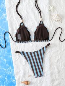 Swim Mod 2-Piece Striped Textured Fabric Beaded Halter Neck Triangle Bikini Top And Side Tie Swim Bottoms Sexy Bikini Set, Spring/Summer Striped Bikini Women Two Piece Swimsuit Vacation Bikini Set Two Piece Bikini Set Bikini Beach Set Vacation Holiday Halter Bikini Swimsuit Knitted Bathing Suit Bikini Top Triangle Modest Bikini Set Stripe Bikini - Multicolor - View 6