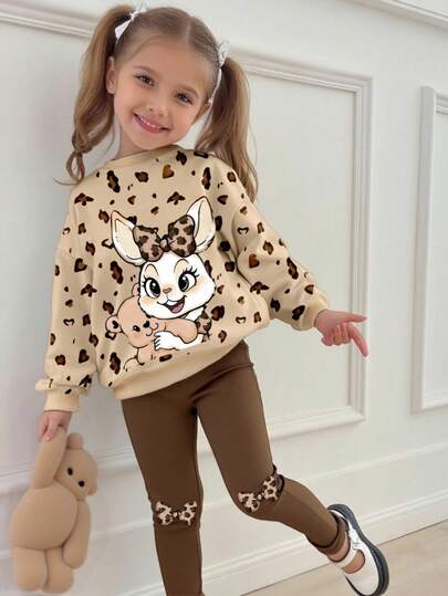 SHEIN 2 st/set söta unga flickor med kanin- och leopardmönster, stickad mjuk rund halsad långärmad tröja och leopardmönsterleggings, lämplig för höst/vinter, bekväm och lager-på-lager-funktion, moderiktiga vardagskläder, grafisk design, tillbaka till skolan, utomhuspicknick, gatufotografering, campus, helgdagar, present