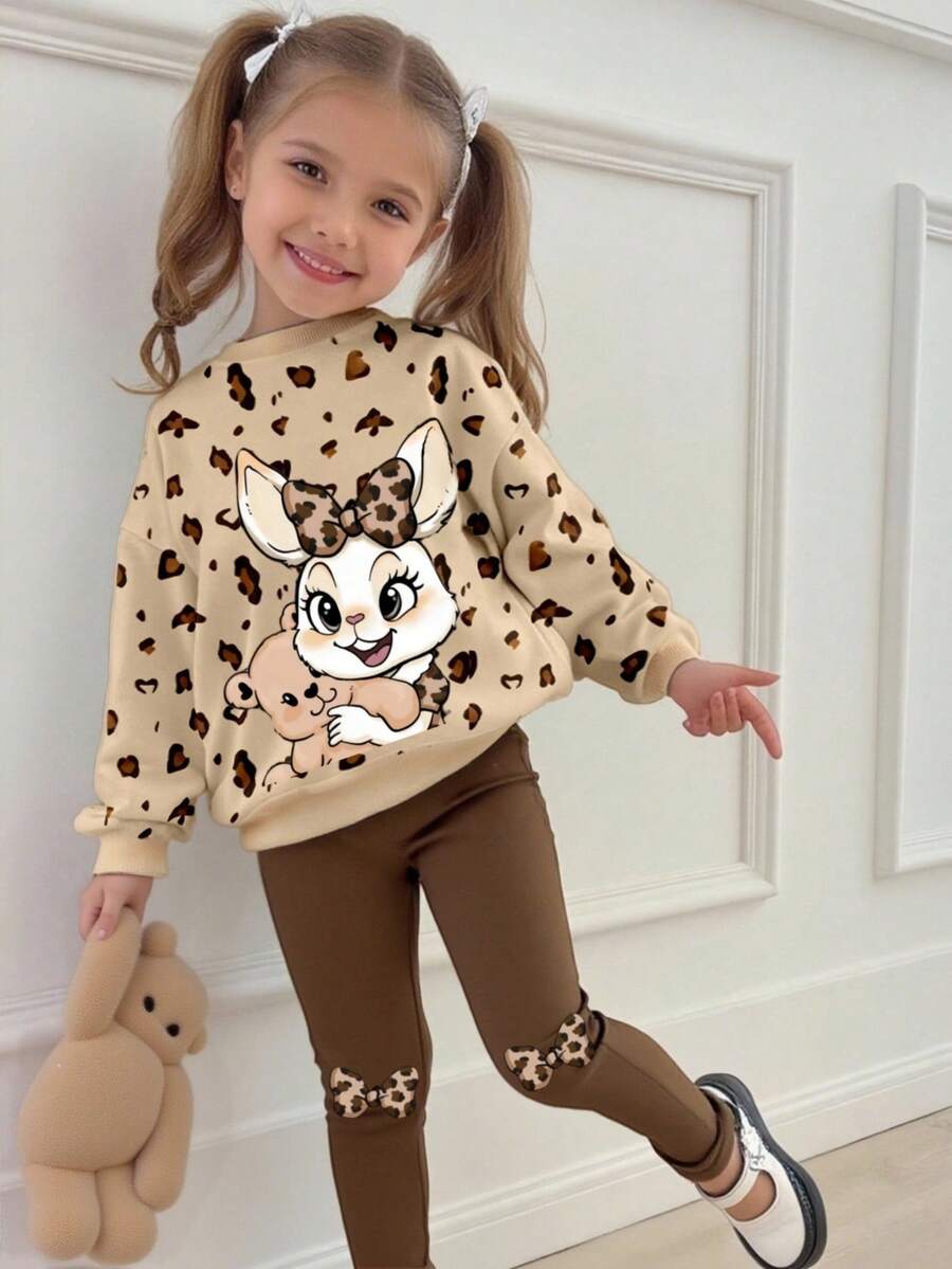 SHEIN 2pcs/Set Cute Sweet Young Girls Rabbit & Leopard Print Knit Soft Crew Neck Long Sleeve Sweatshirt And Leopard Print Leggings Set, Suitable For Autumn/Winter, Comfortable And Layerable, Fashionable Casual Wear, Graphic Design, Back To School, Outdoor Picnic, Street Photography, Campus, Holidays, Gift - Multicolor - View 1