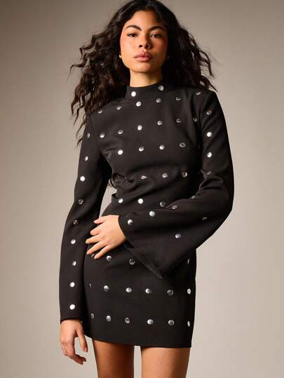 AiiRZ High Neck Studded Mini Dress With Flared Bell Sleeves Silver Metal Stud Details Bodycon Party Evening Wear Fall Winter Fashion
