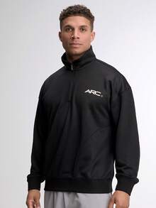 Sweat-shirt-shirt décontracté à manches longues avec fermeture éclair et imprimé lettres pour hommes - Noir - Voir 1