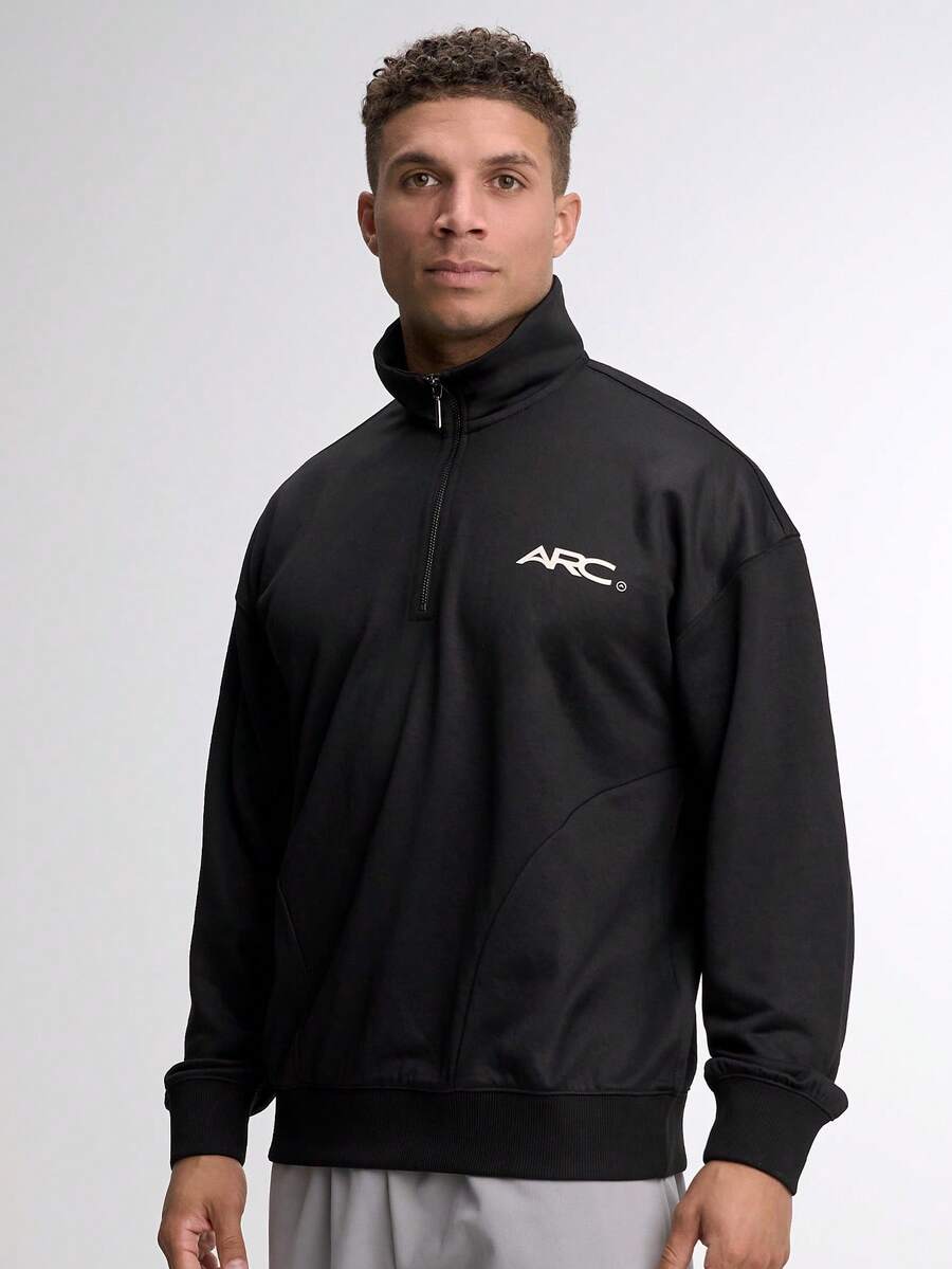 Sweat-shirt-shirt décontracté à manches longues avec fermeture éclair et imprimé lettres pour hommes - Noir - Voir 1