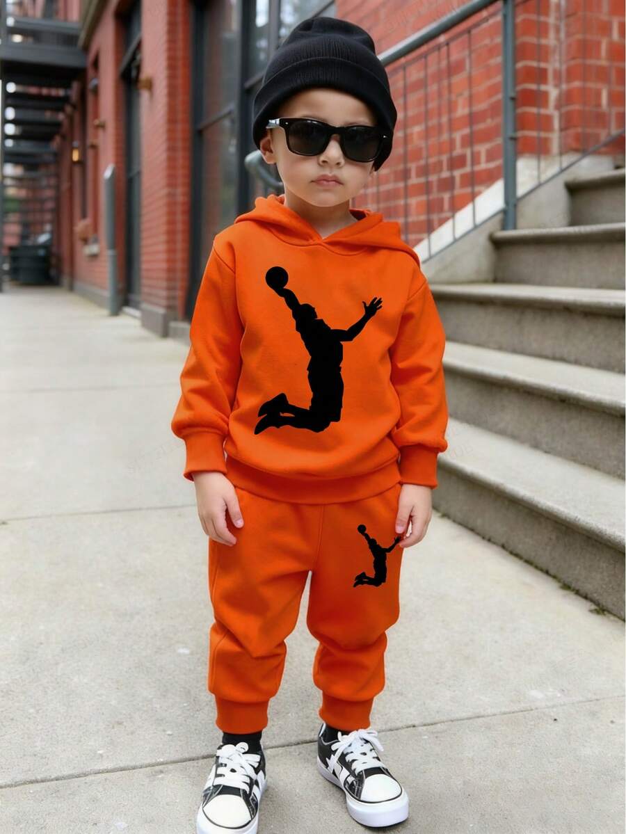 2pcs/Set Young BoyBasketball Player Graphic Print Casual Orange Hoodie Sweatshirt And Pants Set, Suitable For 4-7 Years Old Boys, Autumn/Winter/Spring Boys Sweatsuits Set Young Boys Street Wear Boy Orange Outfit Boy Sweat Suit Boys Orange Set - Orange - View 1
