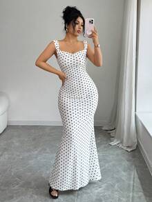 SHEIN Elenzya 优雅复古波点露背拼接蝴蝶结鱼尾连衣裙，适合约会、派对等场合，尽显优雅迷人气质，春夏必备。 - 黑與白 - 查看 4