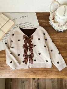 LMoss Kids Young Girl Cute Versatile Heart & Bow Knitted Cardigan, Autumn/Winter - Apricot - View 5