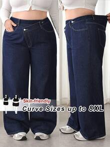 SHEIN Tall CURVE 秋冬夏季加大码女式直筒牛仔裤，休闲宽松不对称腰线设计，原色牛仔布 - 深色水洗藍 - 查看 8