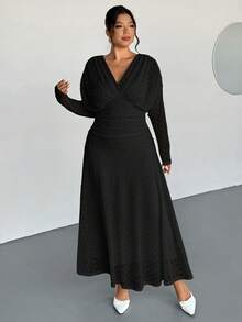 Firerie Đầm xòe dài tay cổ chữ V, eo nhún bèo, chất liệu vải dệt thanh lịch dành cho nữ cỡ lớn, kiểu dáng thoải mái và dễ chịu cho kỳ nghỉ, mùa thu/đông. - màu đen - Xem 6