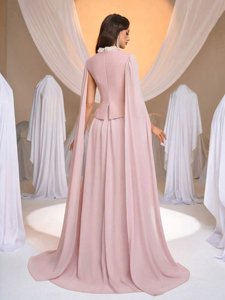 Aureia Elegantes, romantisches, modisches, würdevolles Seerosen-Rosa Elastik-Chiffon-Saum mit Perlendekor Hoher-Niedriger A-Linie elegantes Partykleid, Hochzeitsgast-Kleid, Rosa Kleid, modisches elegantes Hochzeitsgast-Abendkleid - Altrosa - Übersicht 2
