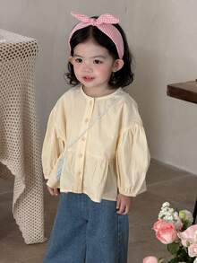 DAZY Blusa casual de cuello redondo de unicolor con volantes en el bajo para niñas pequeñas, primavera/otoño - Albaricoque - Ver 3