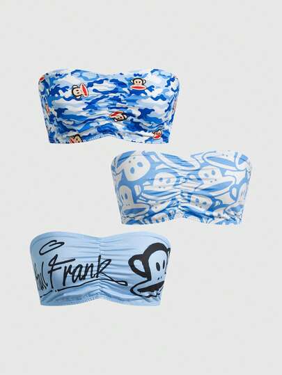 Paul Frank X ROMWE 3 pezzi Reggiseni a fascia con stampa mimetica e scimmia, con arricciature sul busto