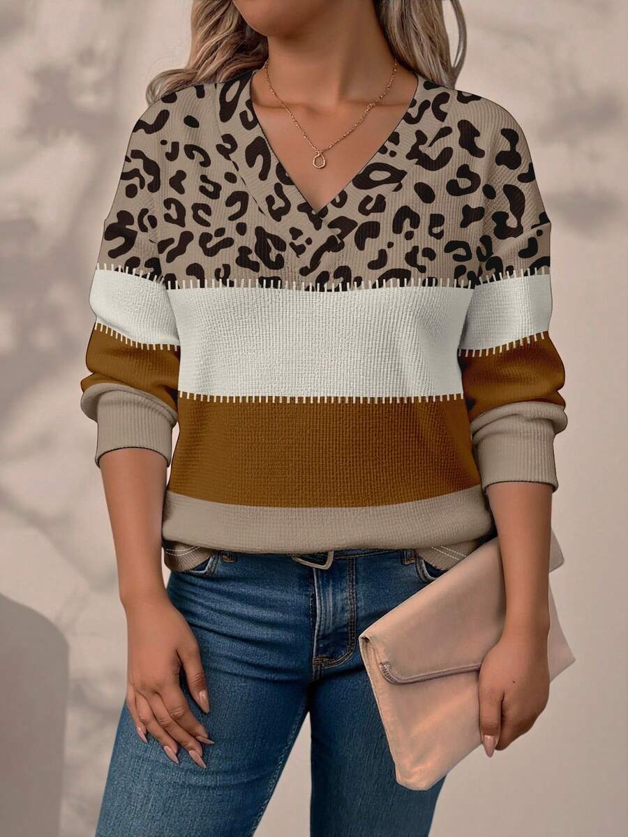 EMERY ROSE Camiseta de manga larga con estampado de leopardo y bloques de color para mujer de talla grande - Multicolor - Ver 1