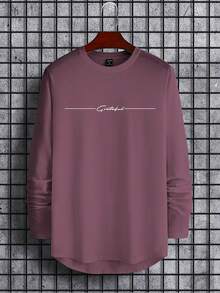 Manfinity Homme Men's Casual Letter Graphic Round Neck Long Sleeve T-Shirt, Autumn - Purple - View 3