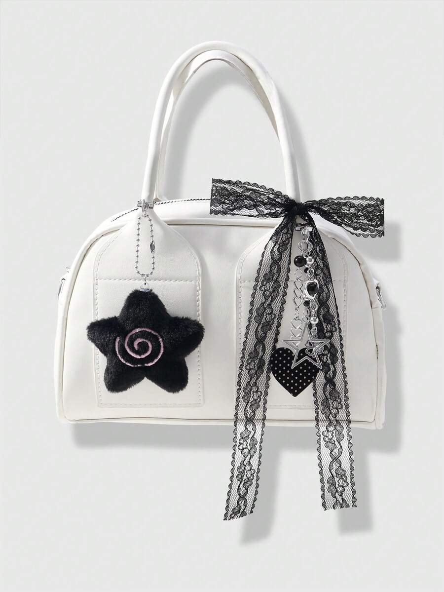 ROMWE Kawaii 3件組:可愛毛絨甜甜圈、樹脂蝴蝶結、心形與星星裝飾 + 80cm 白色蕾絲髮帶、鑰匙圈、包包配件組合,給女性、女孩的優雅禮物 - 黑色-14 - 查看 1