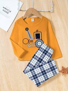 Young BoyOrange Crew Neck Long Sleeve Top With Construction Vehicle Print, Paired With Blue & White Plaid Loose Fit Knit Pants, Comfortable 2-Piece Pajama Set - Multicolor - View 3