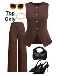 Ellevyn Women's Round Neck Sleeveless Vest Waistcoat, Metal Button Closure, Slimming Elegant Everyday Wear, Autumn/Winter/Early Spring Spring Clothing  Summer Tops Dark Brown Top Brown Outfit Women Tops - Brown - View 1