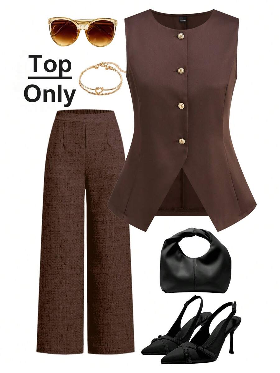 Ellevyn Women's Round Neck Sleeveless Vest Waistcoat, Metal Button Closure, Slimming Elegant Everyday Wear, Autumn/Winter/Early Spring Spring Clothing  Summer Tops Dark Brown Top Brown Outfit Women Tops - Brown - View 1