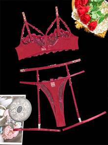 SHEIN Plus Floral Embroidery Mesh Underwire Garter Lingerie Set - Burgundy - View 2