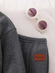 SHEIN Babygirl Cute Grey Long Sleeve Sweatshirt & Elastic Waist Pants Set, Autumn/Winter - Dark Grey - View 9