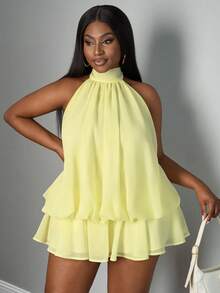 SHEIN PETITE CURVE 大码女式纯色荷叶边吊带连衣裙 - 鵝黃色 - 查看 6