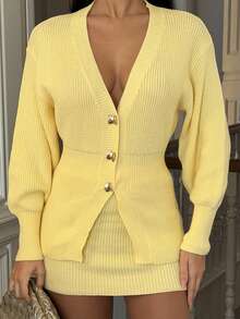 Ronhire Conjunto de 2 piezas de mujer con cárdigan de punto de cuello en V de hombros caídos y cintura ceñida, y minifalda ajustada de estilo retro, para uso diario en otoño-invierno - Amarillo - Ver 4