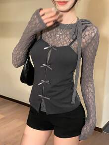 DAZY 蕾丝拼接蝴蝶结装饰二合一女式T恤 - 灰色 - 查看 5